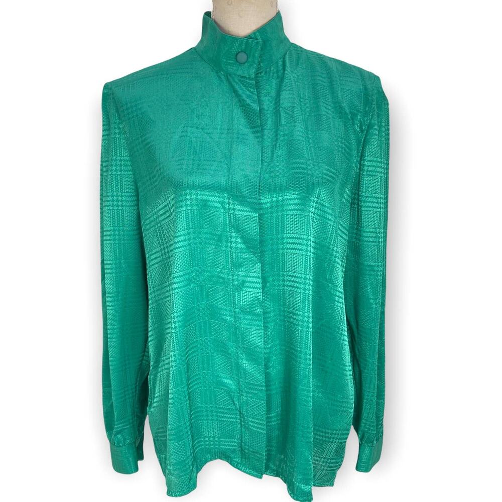 Louis Feraud Emerald Green Blouse Sz 12 Glen‎ Plaid Jacquard Satin